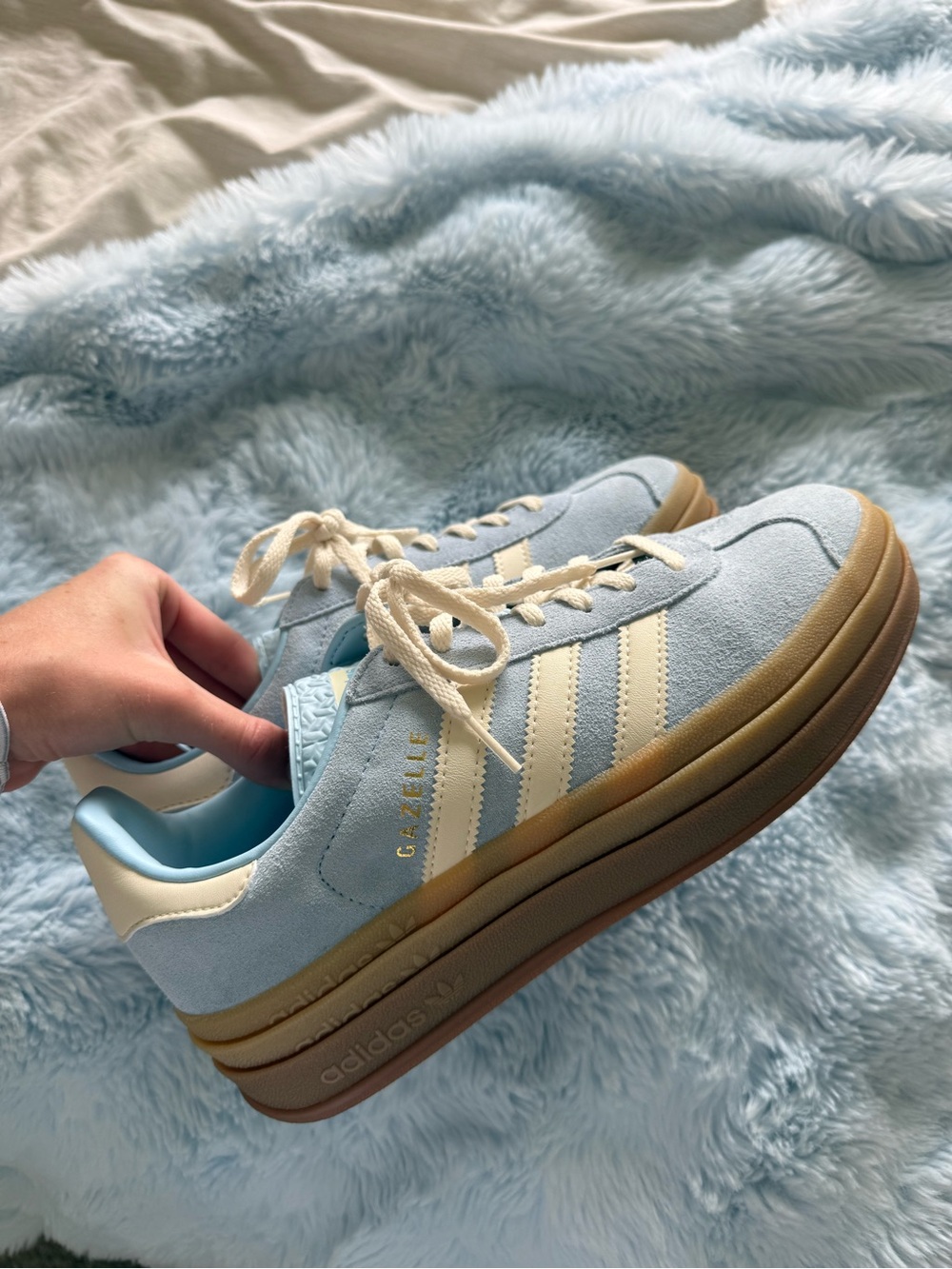 Adidas Light Blue Suede Platform Sneakers with Cream Stripes